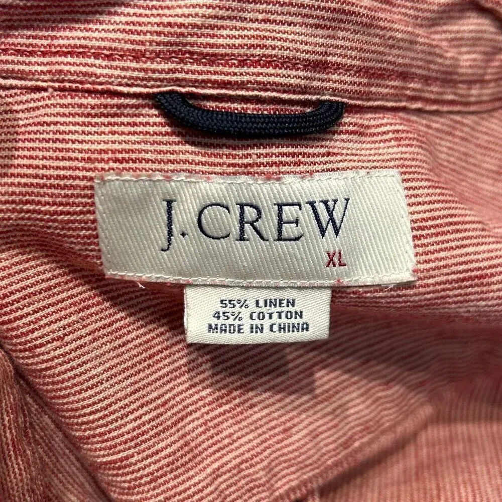 J. Crew Men’s Button Front Shirt Sz XL Linen Cotton Blend Red Stripe Long Sleeve